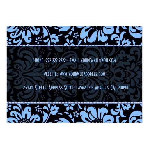 Black  Blue Vintage Floral Damasks Business Card (back side)
