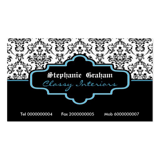 Black blue white damask interiors business card template (front side)