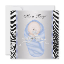 Black Blue Zebra Baby Boy Shower Invitations