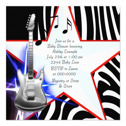 Black Blue Zebra Rockstar Baby Boy Shower Invitations