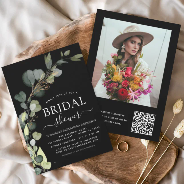 Black Bridal Shower Qr Code Photo Eucalyptus Invitation Zazzle