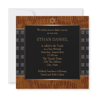 Black Brown Leather Star of David Bar Mitzvah Custom Announcement by InvitationCentral