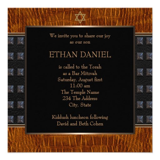 Black Brown Leather Star of David Bar Mitzvah Custom Announcement (front side)