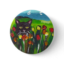 Black cat amongst tulips buttons