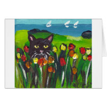 Black cat amongst tulips card