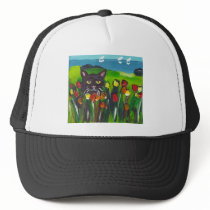 Black cat amongst tulips hats