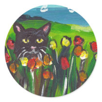 Black cat amongst tulips stickers
