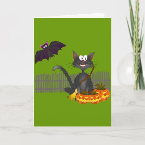 Black cat and bat Halloween Greeting Card card