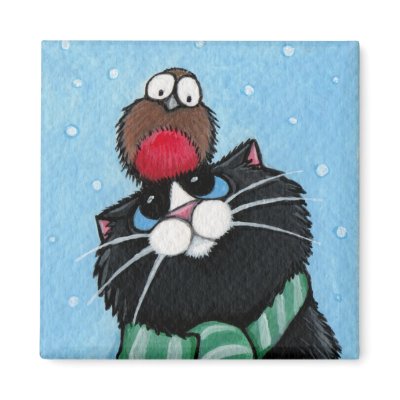 Black Cat and Robin Festive Magnet by LisaMarieArt