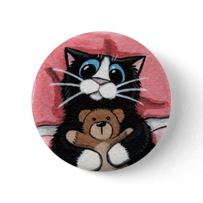 Black Cat and Teddy - Cat Art Button