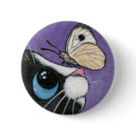Black Cat and White Butterfly - Cat Art Button