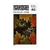 Black Cat & Autumn Leaves Postage Stamps