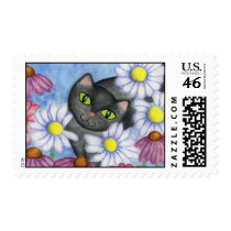 Black Cat Daisy Postage Stamp by suncookiez Black Cat Daisy Postage Stamp