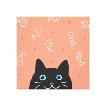 Black Cat & Fish Stretched Canvas Print