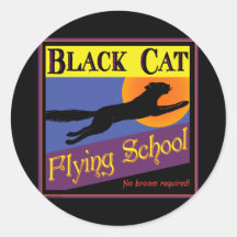 Black Cat Flying School Vintage Halloween Art Round Stickers