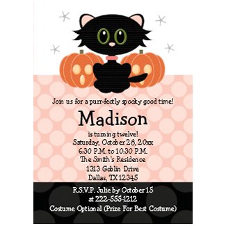 Black Cat Halloween Birthday Invitations Invites