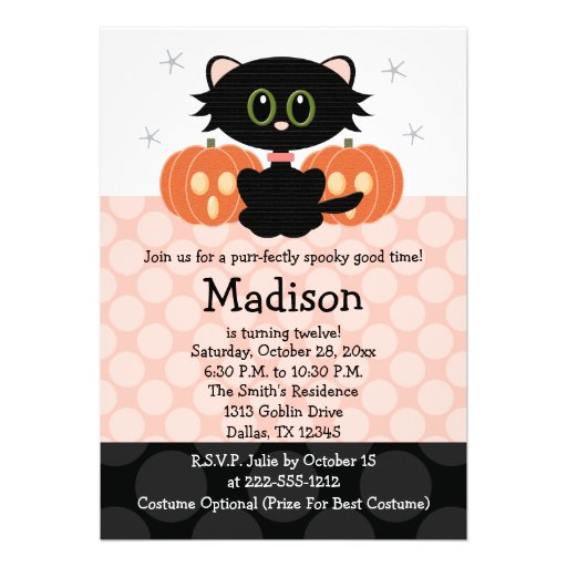 Black Cat Halloween Birthday Invitations (front side)