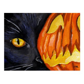 Black Cat & Halloween Pumpkin Painting Postcard