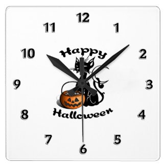 Black Cat Happy Halloween Wall Clock
