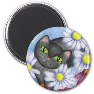 Black Cat In Flowers Magnet