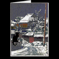 Black Cat in Snow Japanese Print cards