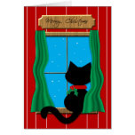 Black Cat  in Snowy Window - Meowy Christmas Card