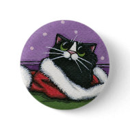 Black Cat in Xmas Hat - Cat Art Button
