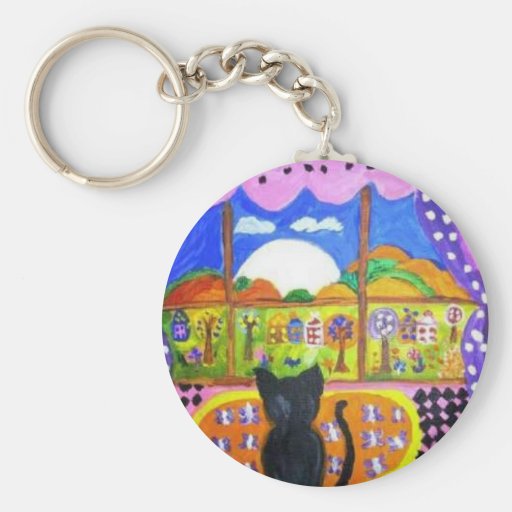 BLACK CAT LOOKS AT THE MOON KEYCHAIN