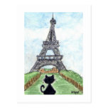 Black cat Noir Chat Looking at Eiffel Tower Art Post Cards