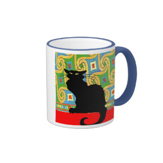 Black Cat on Abstract Wallpaper, Black Cat on A... Mugs