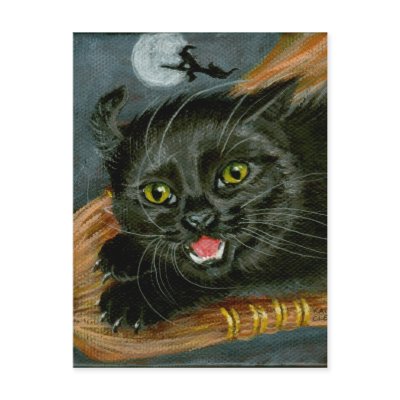 Black Cat on Broom Halloween Postcard
