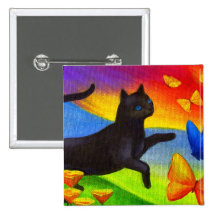 Black Cat Painting Butterflies Art - Multi Pinback Buttons
