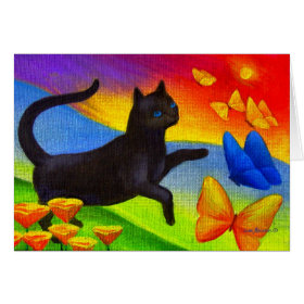 Black Cat Painting Butterflies Art - Multi Greeting Card