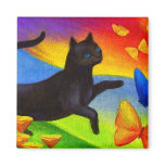 Black Cat Painting Butterflies Art - Multi Magnets
