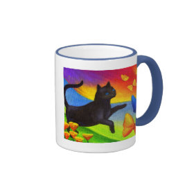 Black Cat Painting Butterflies Art - Multi Ringer Coffee Mug