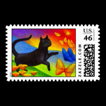 Black Cat Painting Butterflies Art - Multi stamps
