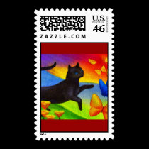 Black Cat Painting Butterflies Art - Multi stamps