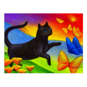 Black Cat Painting Butterflies Art - Multi Postcard