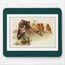 Black Cat Playing the Violin for Songbirds Mousepads