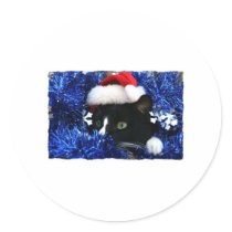 Black Cat, Santa hat, blue tinsel, ready to pounce Round Sticker