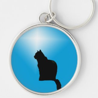 Black cat silhouette and star Silver-Colored round keychain
