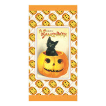 Black cat sitting in a pumpkin - halloween design custom photo card
