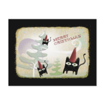 Black cat snow tree wind december cold  postcard