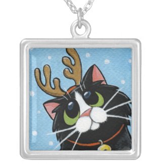 Black Cat wearing Reindeer Antlers | Art Pendant necklace