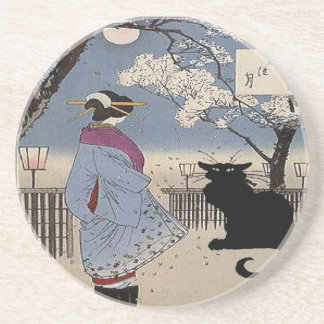 Black Cat With Japanese Lady Drink Coaster