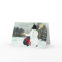 Black Cat with Snowman at Christmas Greeting Cards