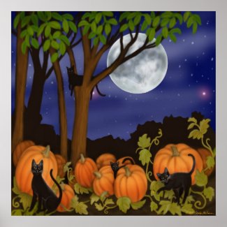 Black Cats in Pumpkin Patch Poster