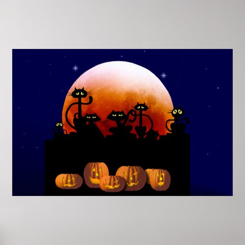 Black Cats, Moon, Pumpkins Poster print