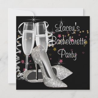 Black Champagne High Heels Bachelorette Party Personalized Invites