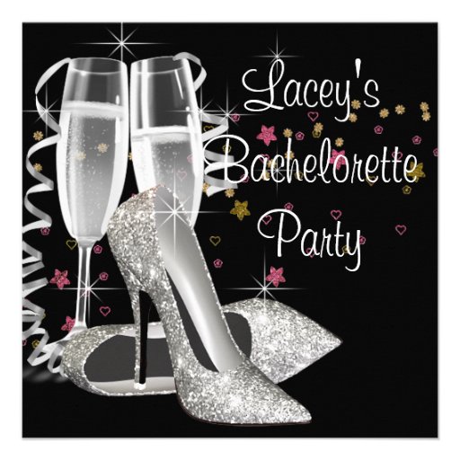 Black Champagne High Heels Bachelorette Party Personalized Invites